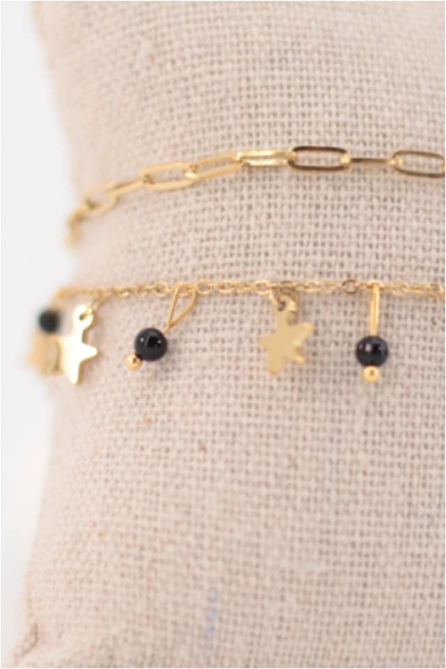 TOBILLERA DOBLE MUJER ACERO DORADO ESLABONES Y CADENA CON ESTRELLAS - Imagen 3