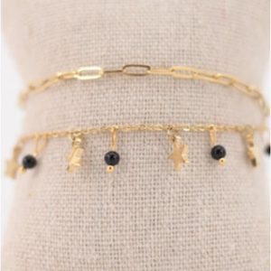 TOBILLERA DOBLE MUJER ACERO DORADO ESLABONES Y CADENA CON ESTRELLAS