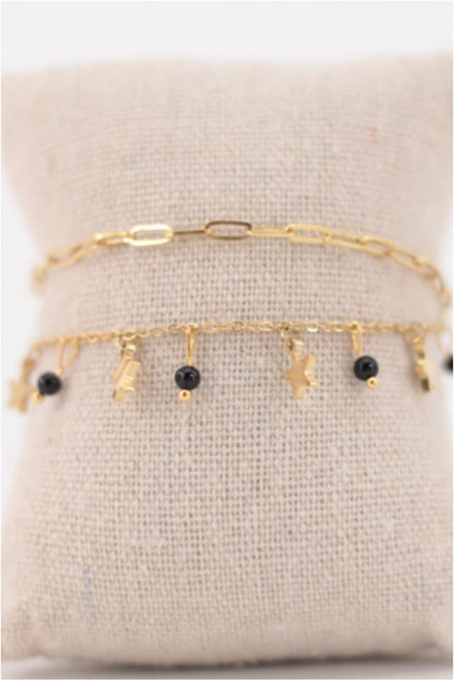 TOBILLERA DOBLE MUJER ACERO DORADO ESLABONES Y CADENA CON ESTRELLAS - Imagen 2