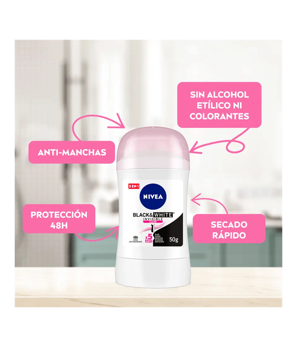 NIVEA DESODORANTE BARRA BLACK&WHITE INVISIBLE CLEAR 50GR - Imagen 3
