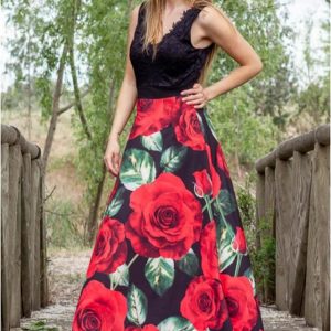 Vestido largo mujer estampado cuerpo encaje