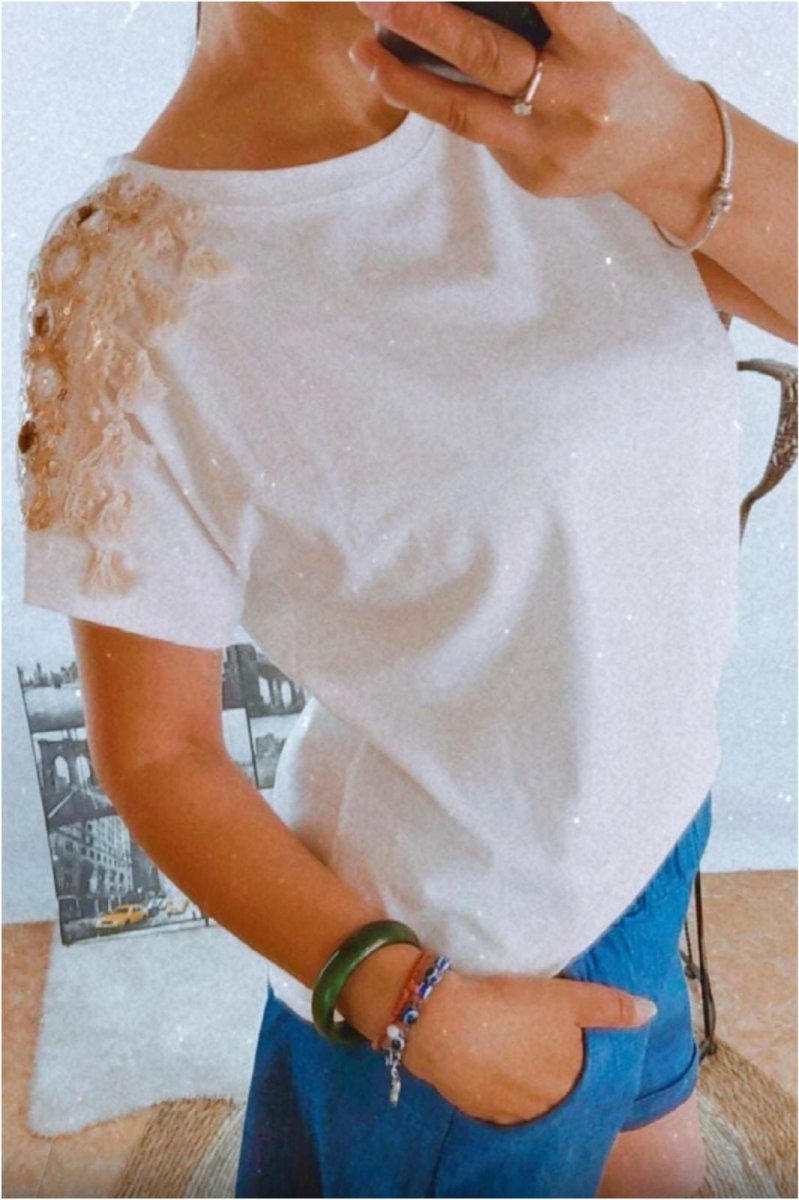 Camiseta mujer blanca con pedrería - Imagen 2