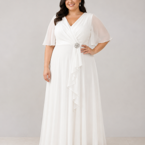 Vestido Capa Broche Flor Escote Curvy Novia