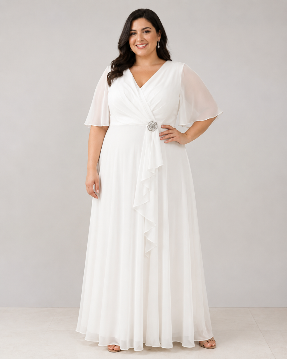 Vestido Capa Broche Flor Escote Curvy Novia - Imagen 2