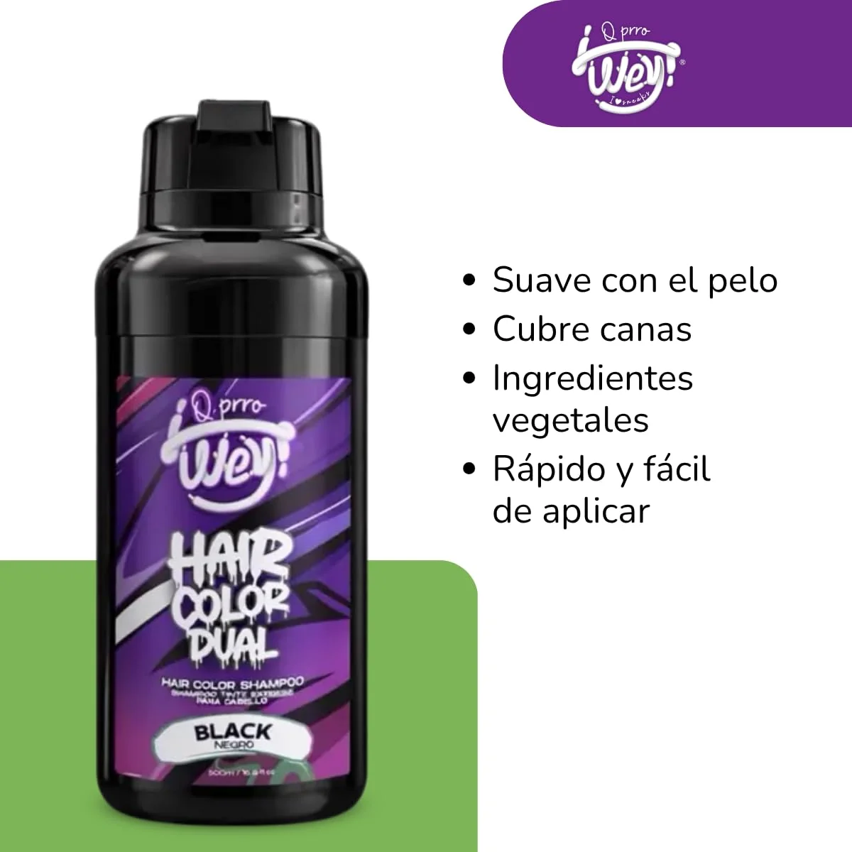 Q PRRO WEY Hair Color Dual Shampoo Tinte Express Black – 500 ml - Imagen 3