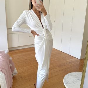 Vestido Seda Escote Nudo Mangas Novia