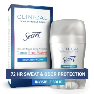 Secret Clinical Strength 72 HR Invisible Solid Completely Clean – 45 g Antitranspirante clínico para protección contra sudor, estrés, calor y actividad