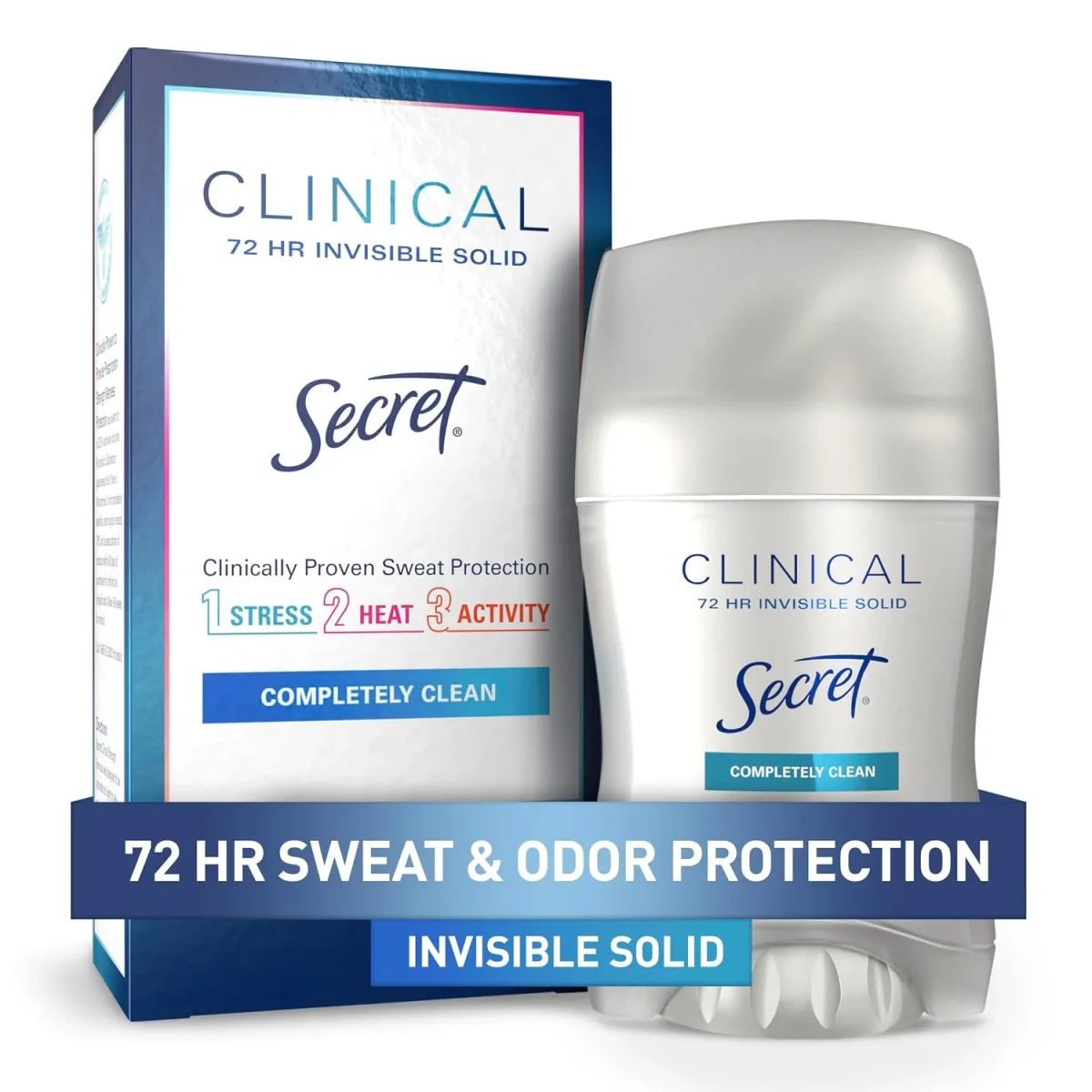 Secret Clinical Strength 72 HR Invisible Solid Completely Clean – 45 g Antitranspirante clínico para protección contra sudor, estrés, calor y actividad