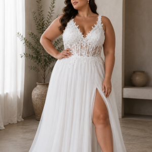 Vestido Tul Largo Corsé Abertura Novia Curvy
