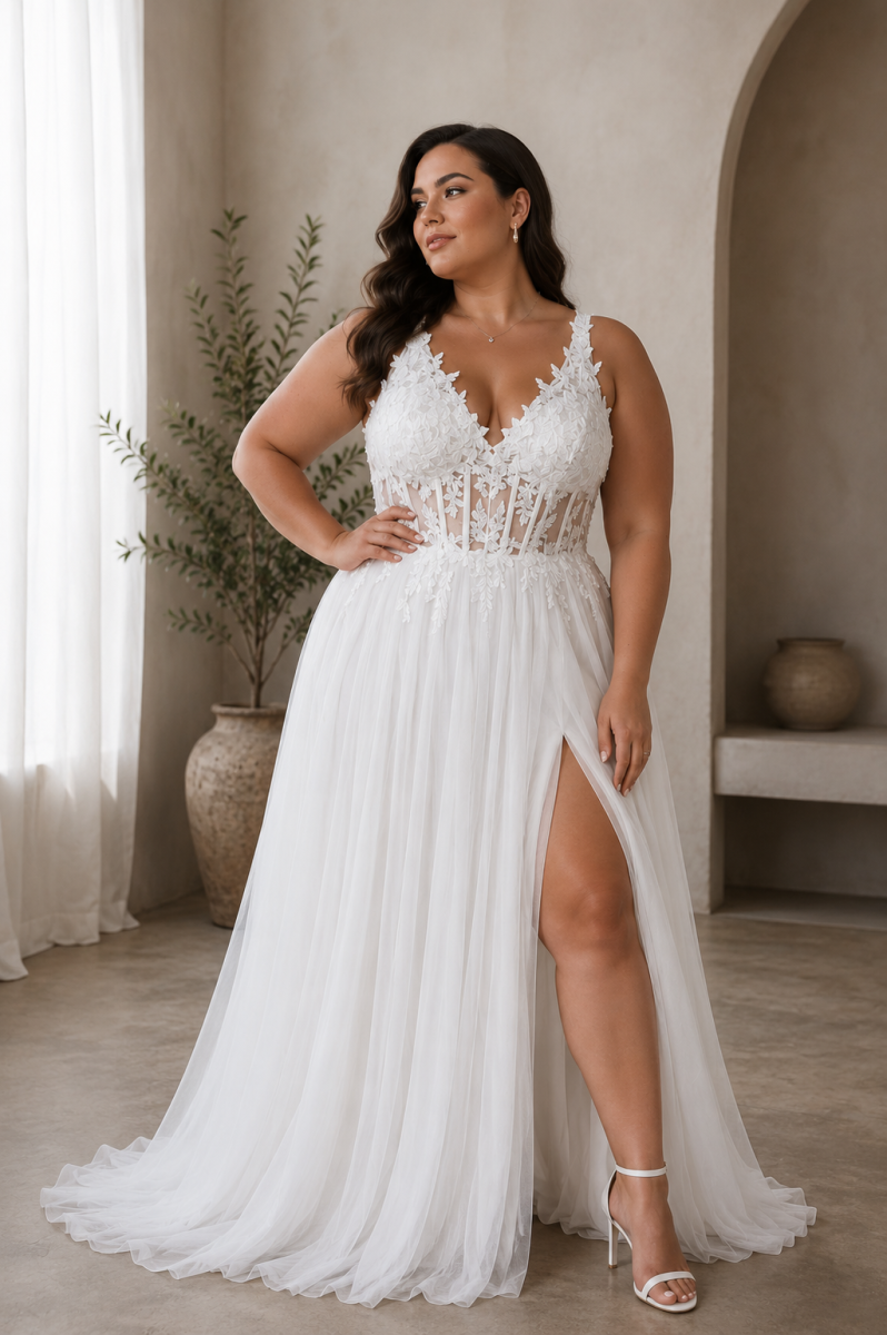 Vestido Tul Largo Corsé Abertura Novia Curvy - Imagen 2
