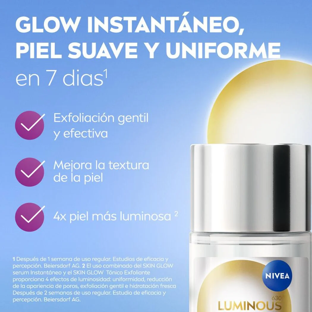 NIVEA Luminous Skin Glow Tónico Exfoliante – 100 ml Tónico exfoliante para una piel más luminosa, suave y uniforme - Imagen 3