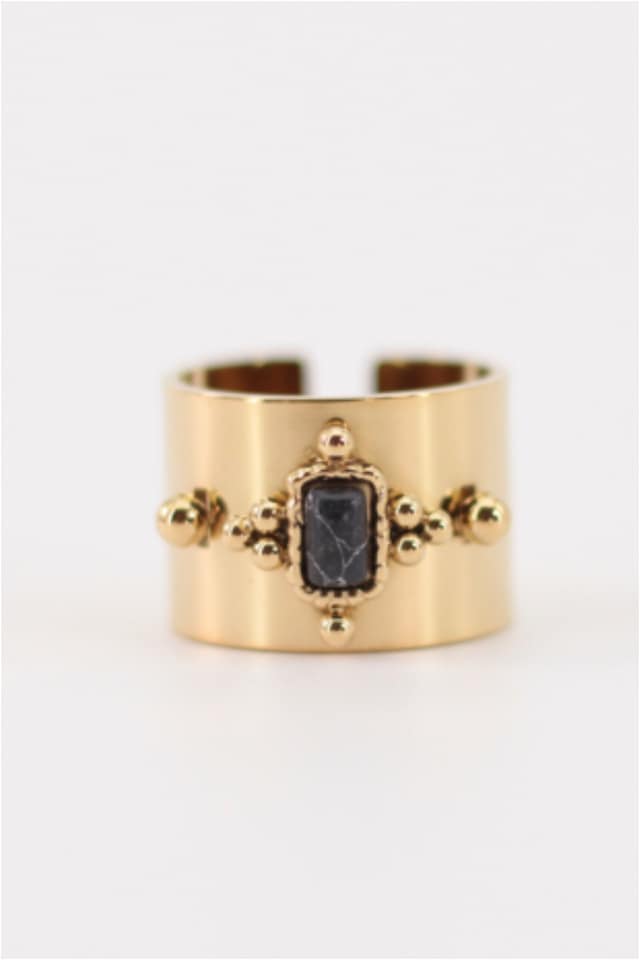 ANILLO MUJER ACERO DORADO GRUESO PIEDRA NEGRA - Imagen 3