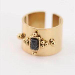 ANILLO MUJER ACERO DORADO GRUESO PIEDRA NEGRA