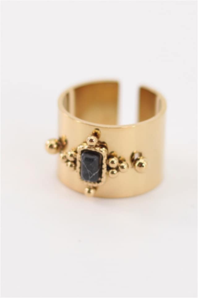 ANILLO MUJER ACERO DORADO GRUESO PIEDRA NEGRA