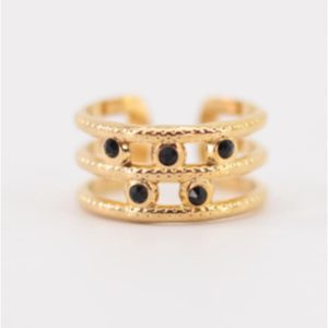 ANILLO MUJER ACERO DORADO PIEDRAS NEGRAS