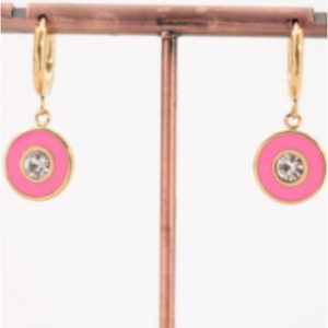 Pendientes acero dorado esmaltado rosa