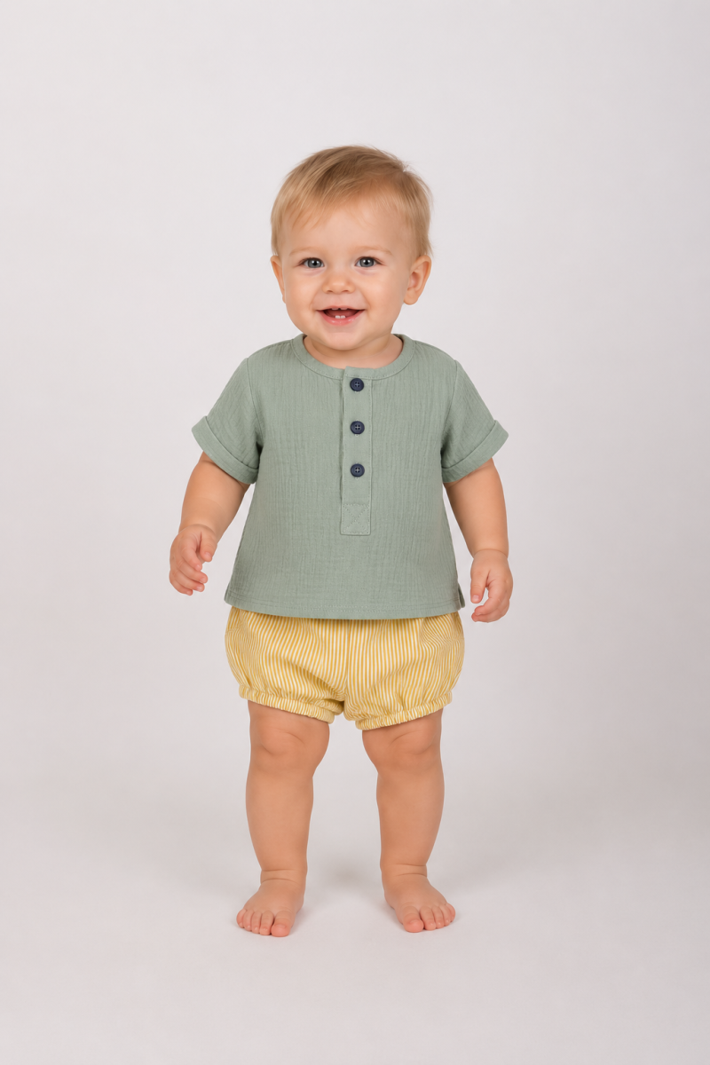 Conjunto de Camiseta de Bambula Verde y Ranita a Rayas para Niño – Paloma de la O - Imagen 3