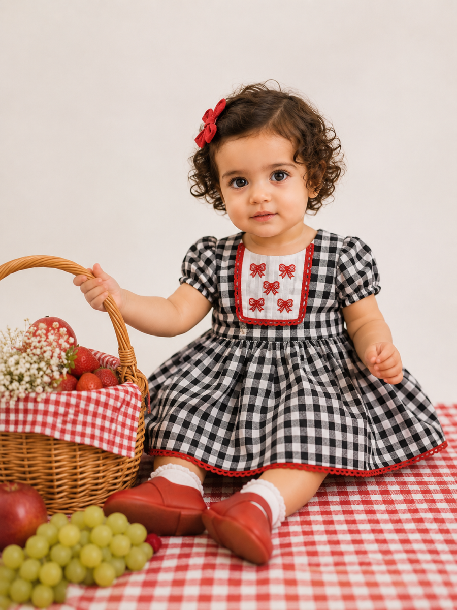 Vestido para Niña de Cuadros Vichy Negro y Lazos Bordados – Nekenia - Imagen 3