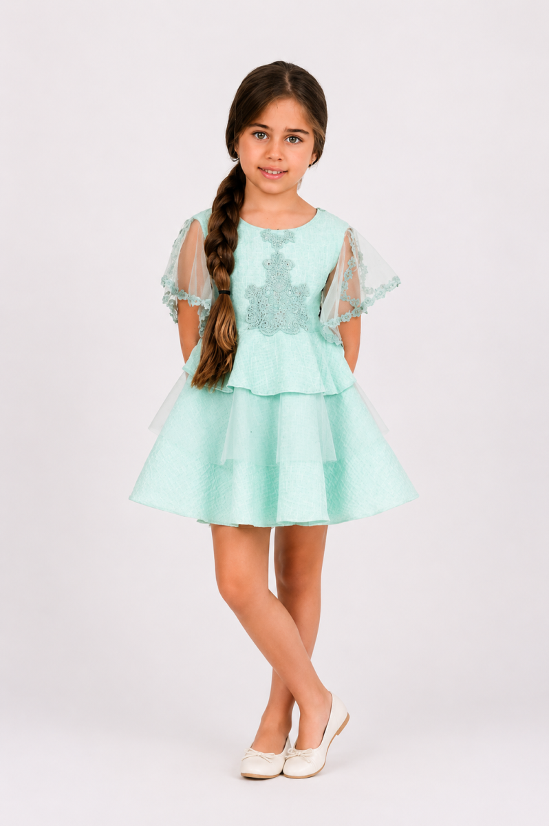 Vestido para Niña de Ceremonia Verde Agua con Encaje – Nekenia - Imagen 2
