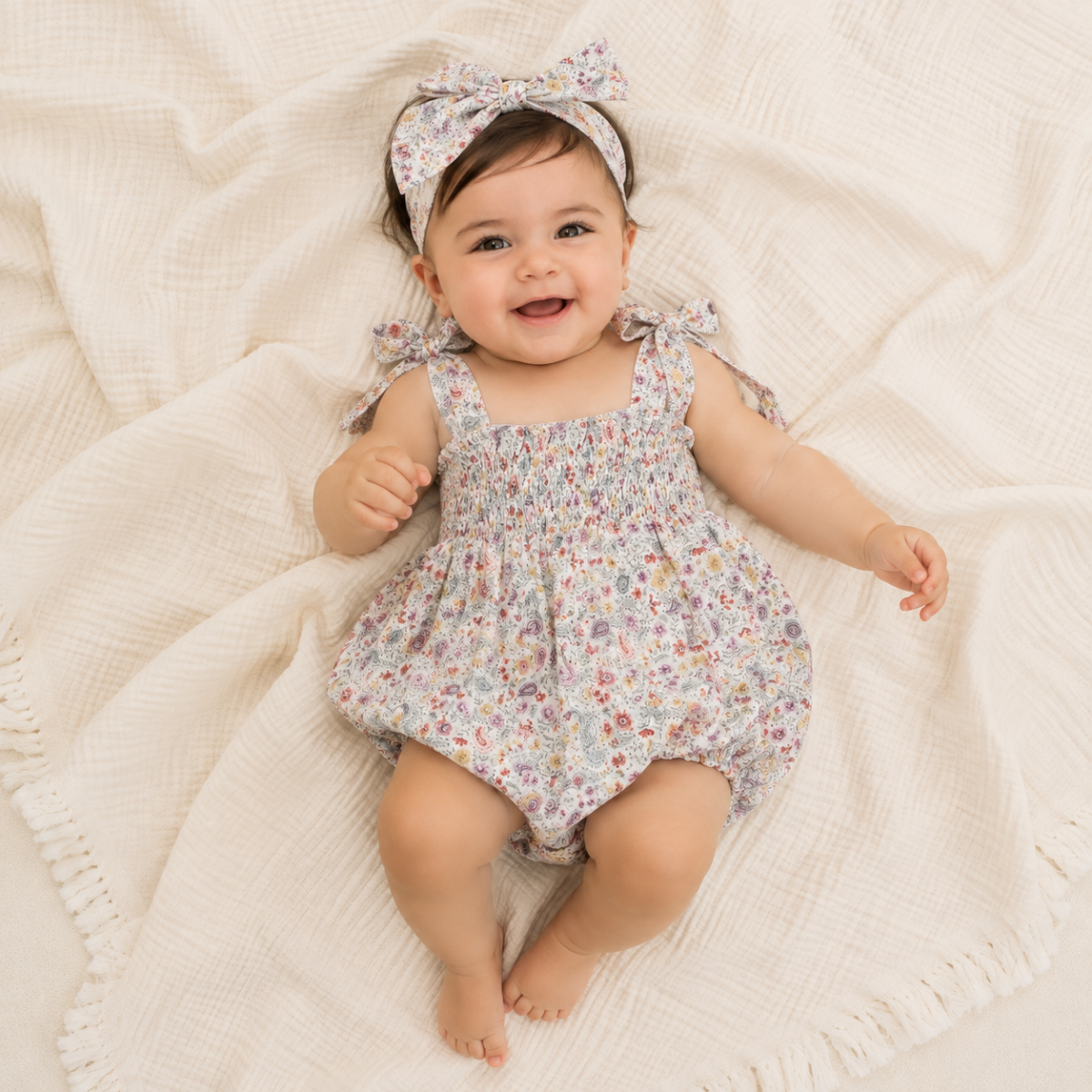 Ranita de Bebé Estampado Floral y Cachemir con Lazos – Paloma de la O - Imagen 3