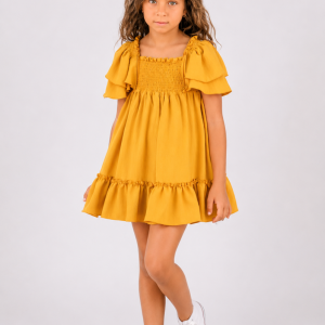 Vestido niña mostaza con mangas de volantes – Vera