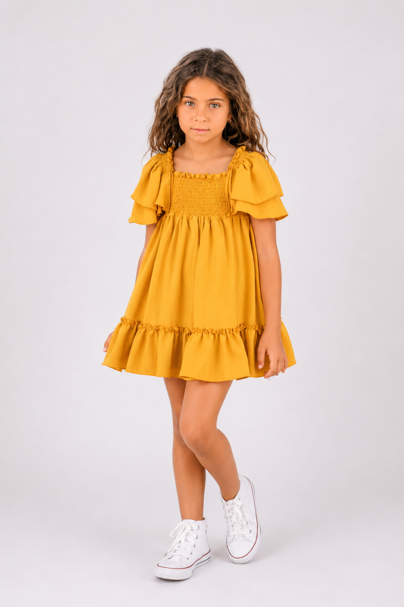 Vestido niña mostaza con mangas de volantes – Vera - Imagen 2