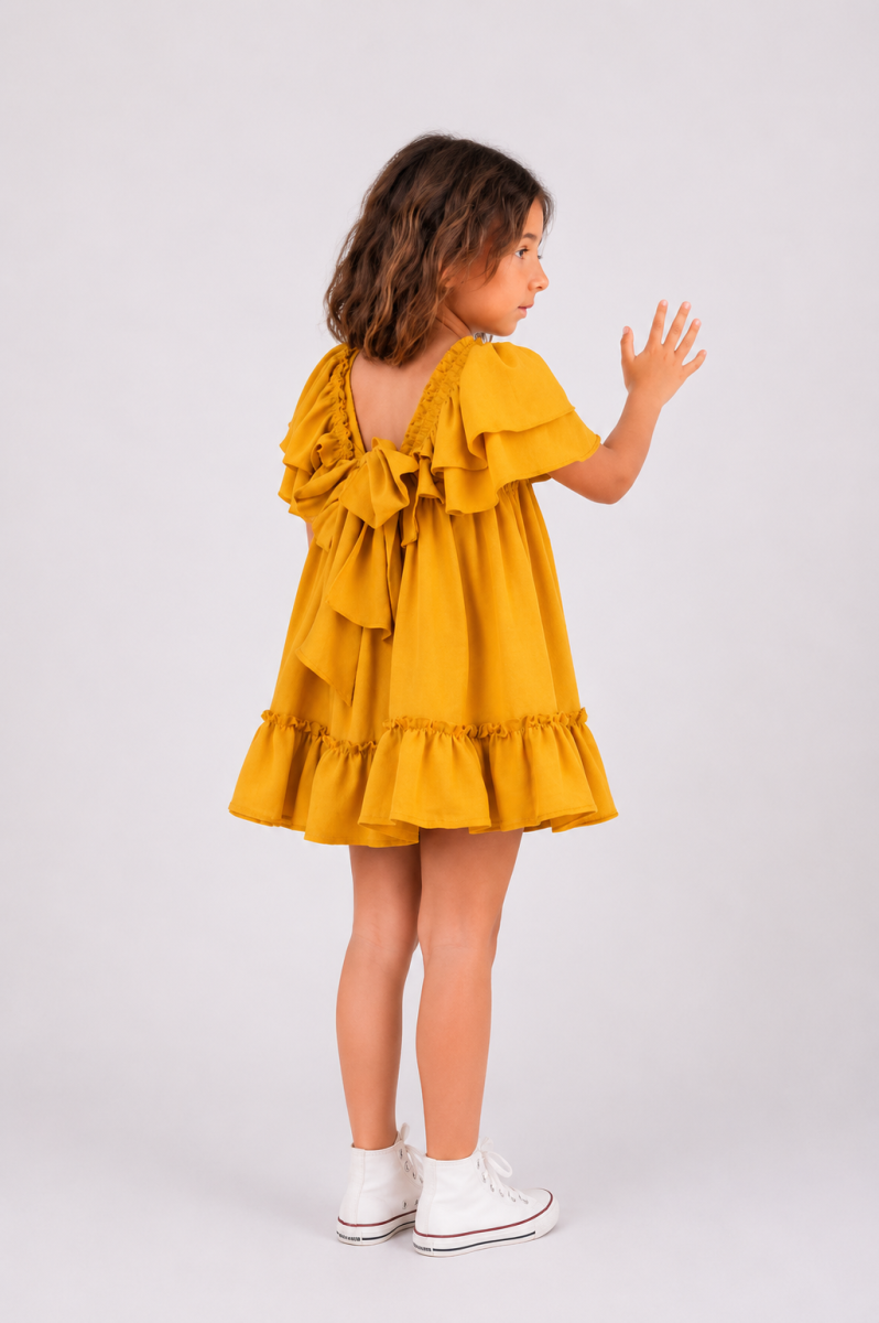 Vestido niña mostaza con mangas de volantes – Vera - Imagen 3