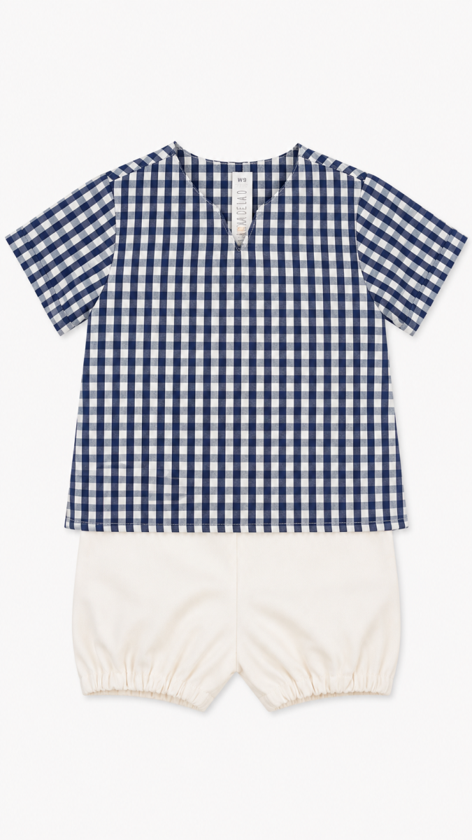 Conjunto infantil vichy azul con cubrepañal – Paloma de la O