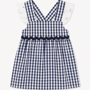 Vestido infantil vichy azul con volantes y cubre pañal – Paloma de la O