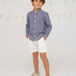 Conjunto de Camisa Cuadros Vichy Marino y Pantalón Corto Blanco para Niño – Paloma de la O