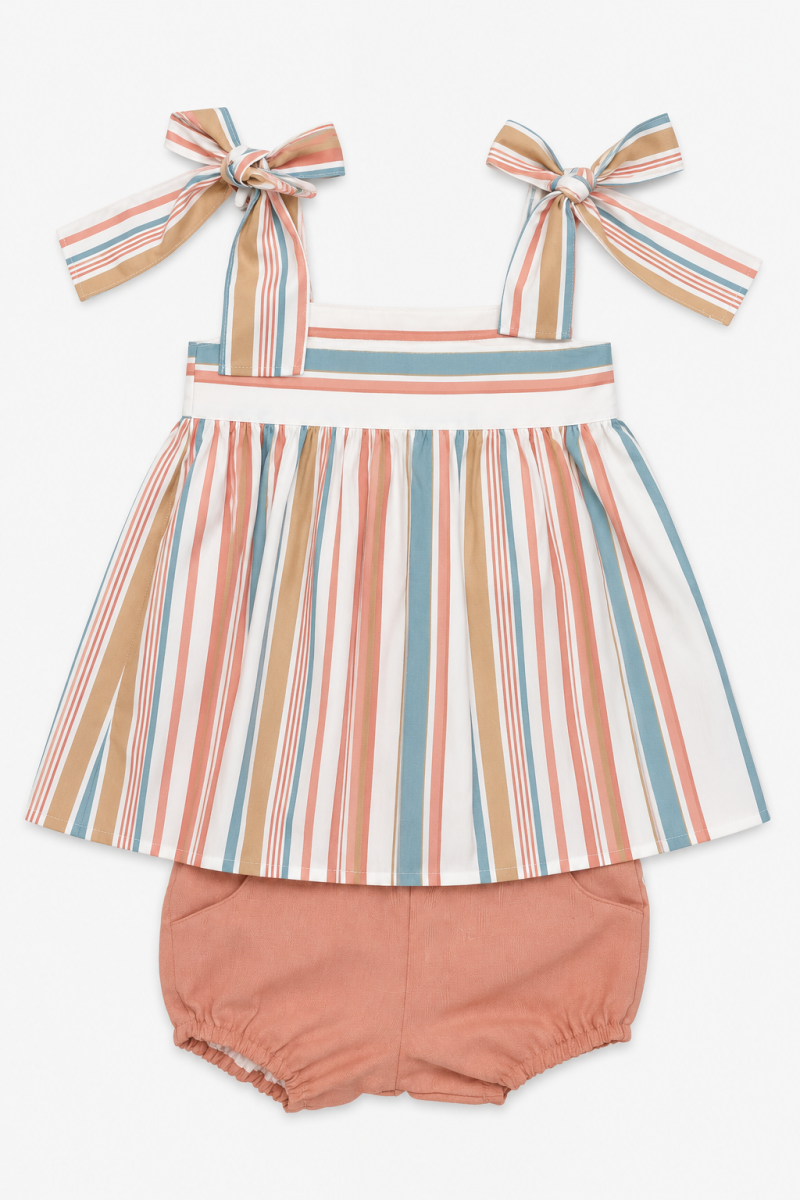 Conjunto de Blusa a Rayas con Lazos y Ranita Coral para Niña – Paloma de la O