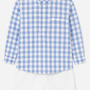 Conjunto para Niño de Camisa Cuadros Vichy Celeste y Pantalón Corto Blanco – BBZ Creaciones