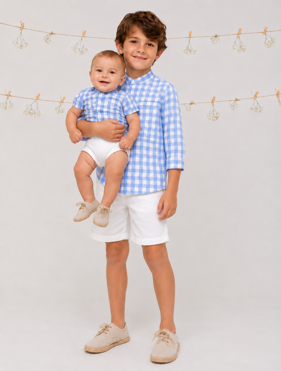 Conjunto para Niño de Camisa Cuadros Vichy Celeste y Ranita Blanca – BBZ Creaciones - Imagen 3