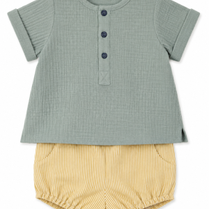 Conjunto de Camiseta de Bambula Verde y Ranita a Rayas para Niño – Paloma de la O
