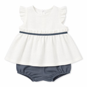 Conjunto de Blusa Blanca con Cinto y Ranita Azul Oscuro para Niña – BBZ Creaciones