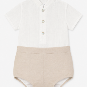 Conjunto para Niño de Camisa Manga Corta Blanca y Ranita Arena – BBZ Creaciones