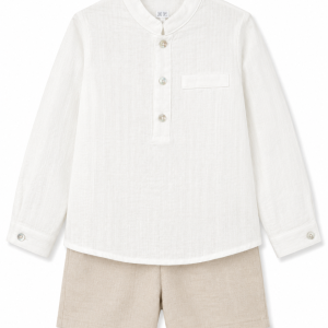 Conjunto para Niño de Camisa Blanca Cuello Tirilla y Pantalón Beige – BBZ Creaciones
