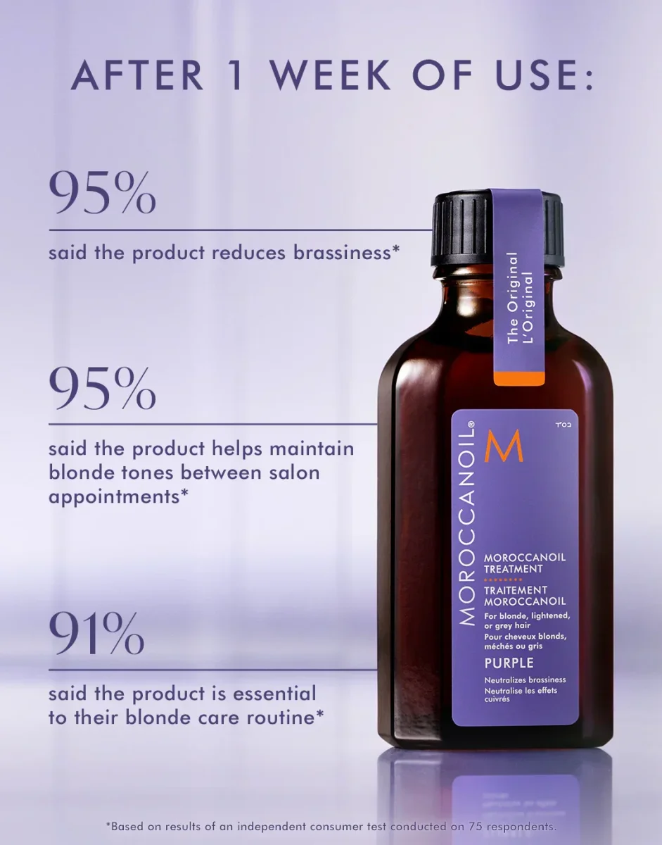 Moroccanoil Treatment Purple – 50 ml Tratamiento matizador con aceite de argán para rubios más fríos, brillo y reparación - Imagen 4