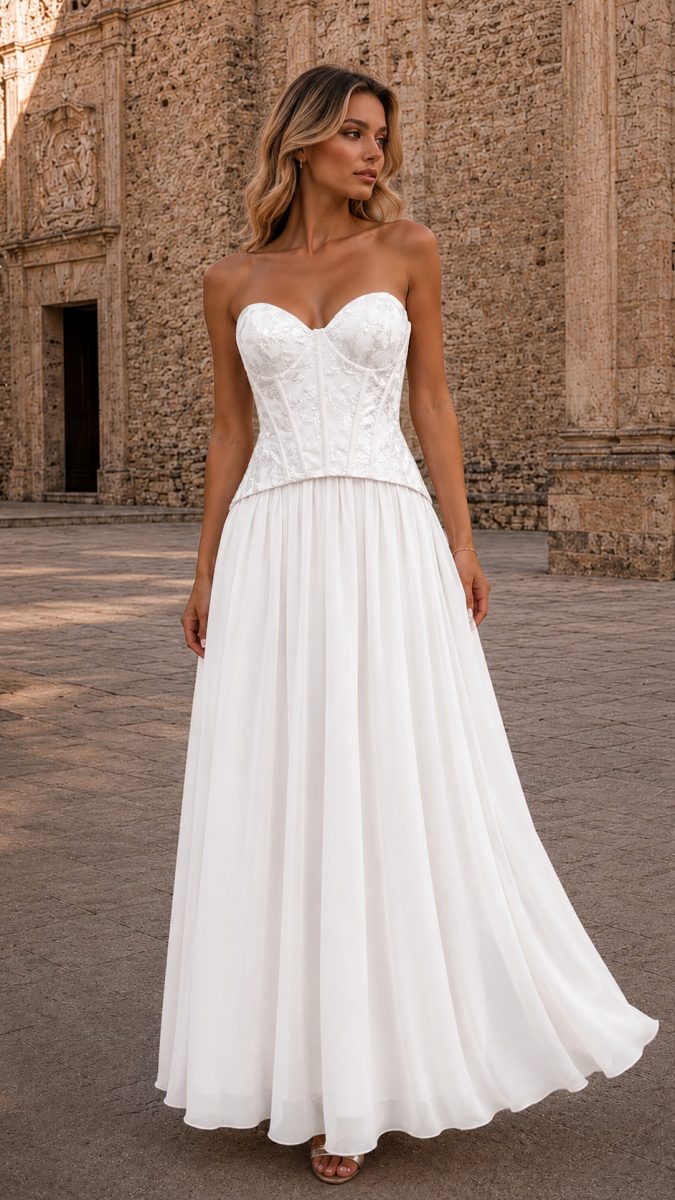 Vestido Corsé Lentejuelas Falda Gasa Novia