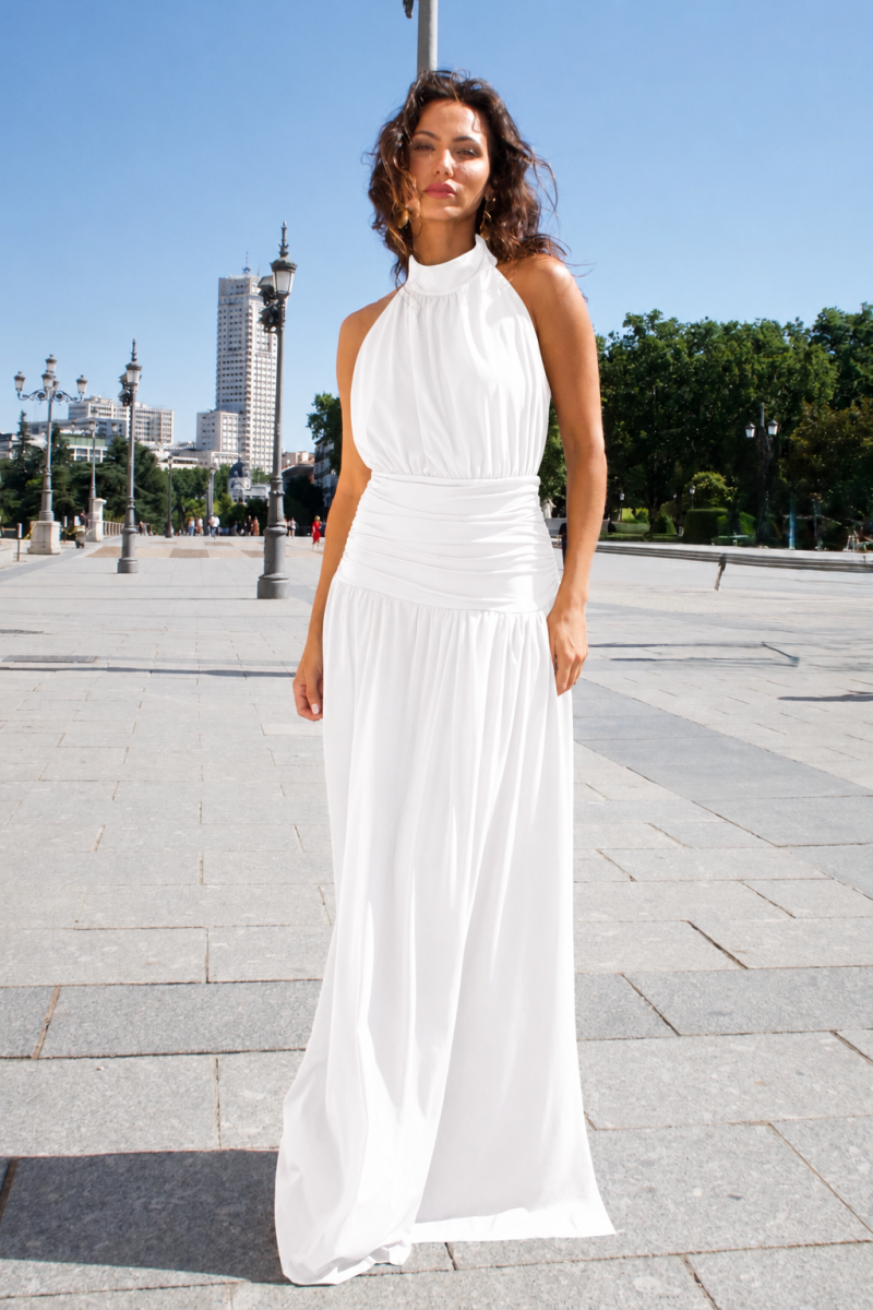 Vestido Halter Cintura Drapeada Blanco - Imagen 3