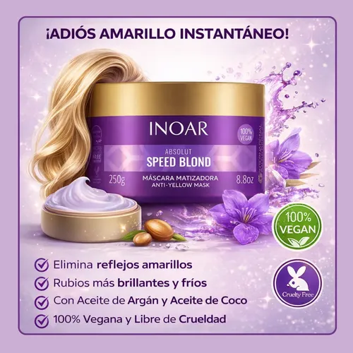 Inoar Absolut Speed Blond Máscara Matizadora – 250 g Mascarilla matizadora para cabellos rubios, decolorados, grises y con mechas - Imagen 5