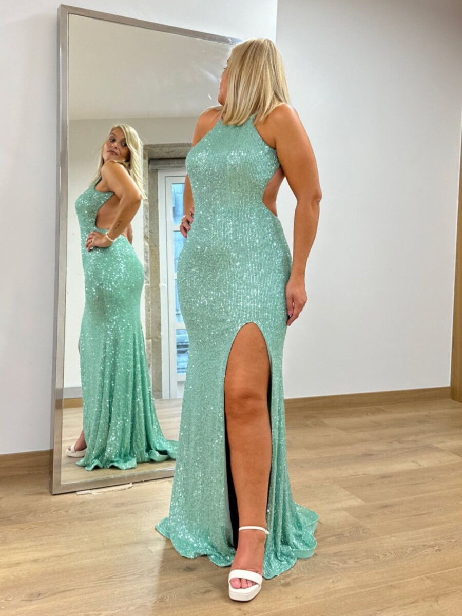 Vestido Lentejuelas Halter Abertura - Imagen 2