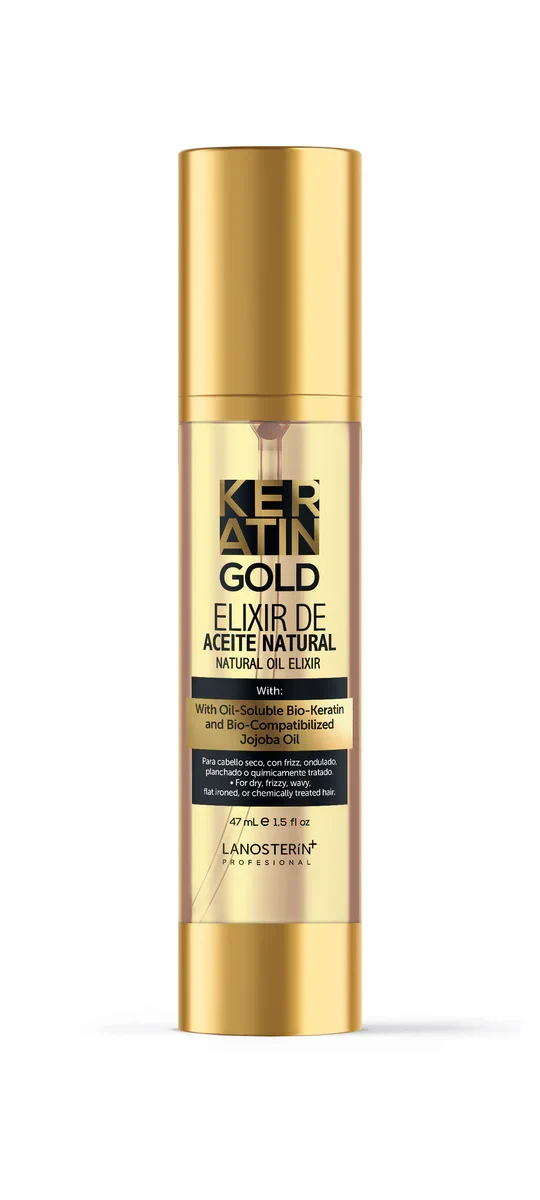 KERATIN GOLD ELIXIR DE ACEITE NATURAL WITH OIL-SOLUBLE BIO-KERATIN AND BIO-COMPATIBILIZED JOJOBA OIL 47ml