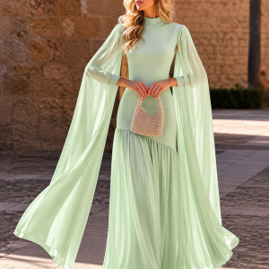 Vestido Sirena Falda Gasa Mangas
