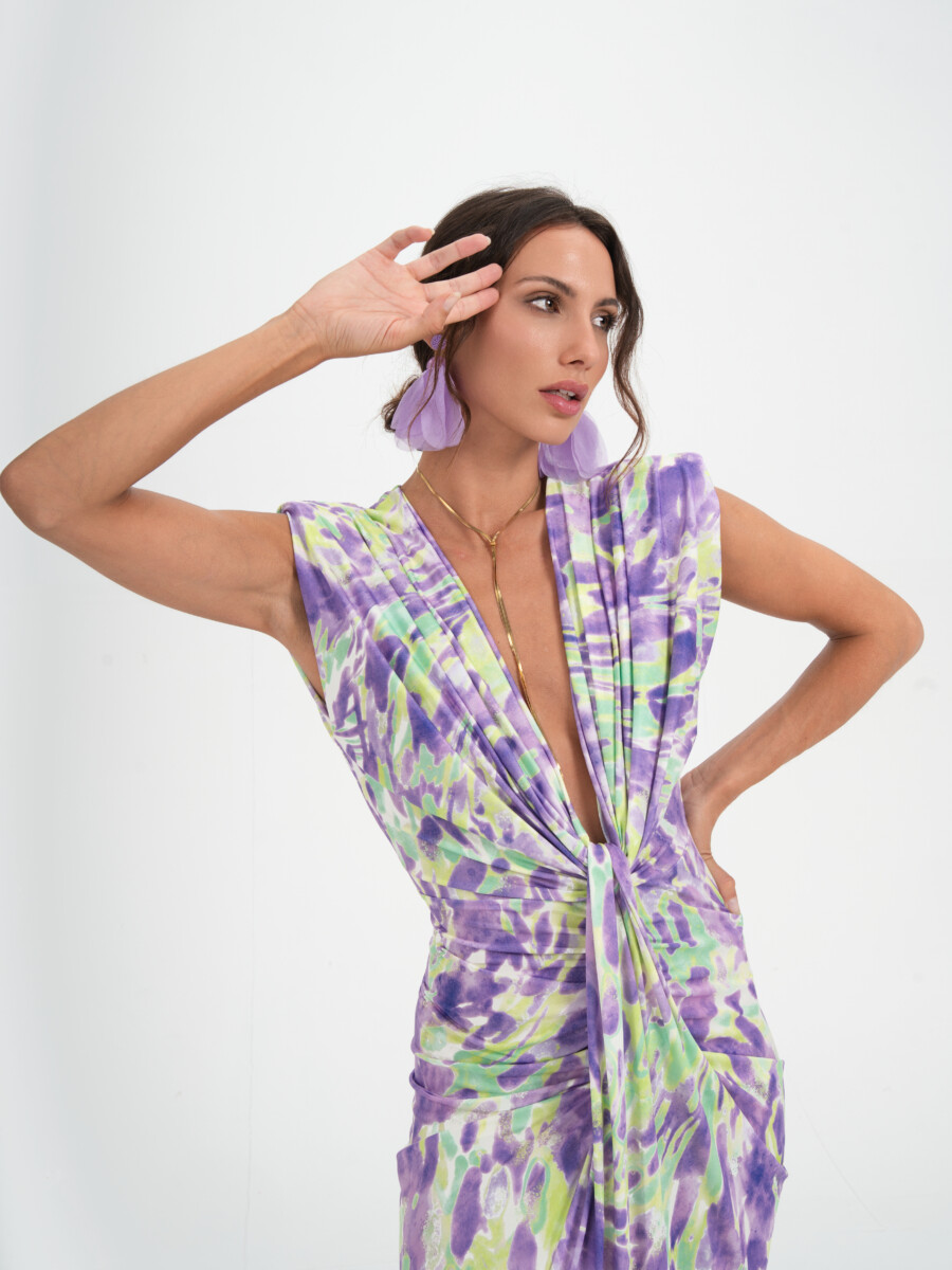 Vestido Seda Escote Nudo Estampado
