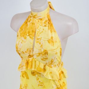 Vestido Gasa Estampado Halter Volantes