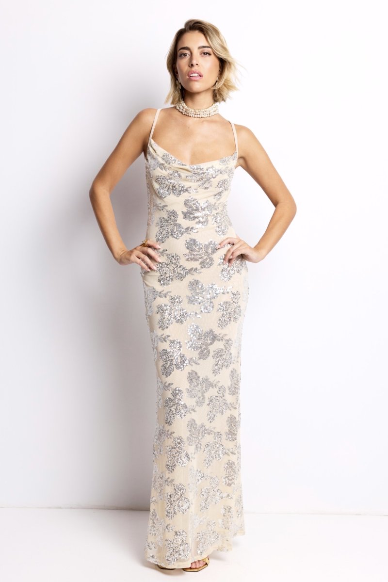 Vestido Lentejuelas Flores Largo - Imagen 3