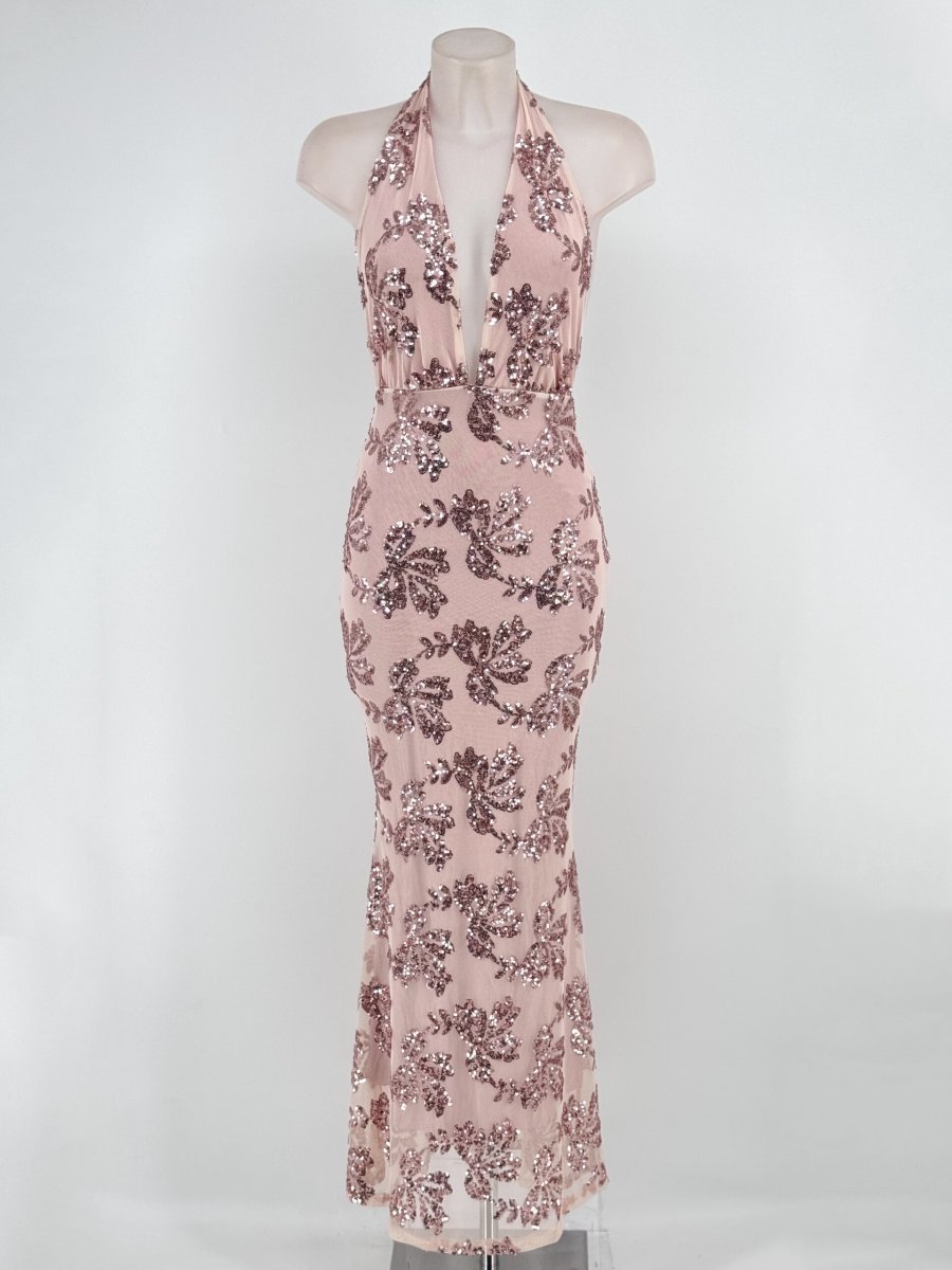Vestido Lentejuelas Flores Atado Cuello - Imagen 5