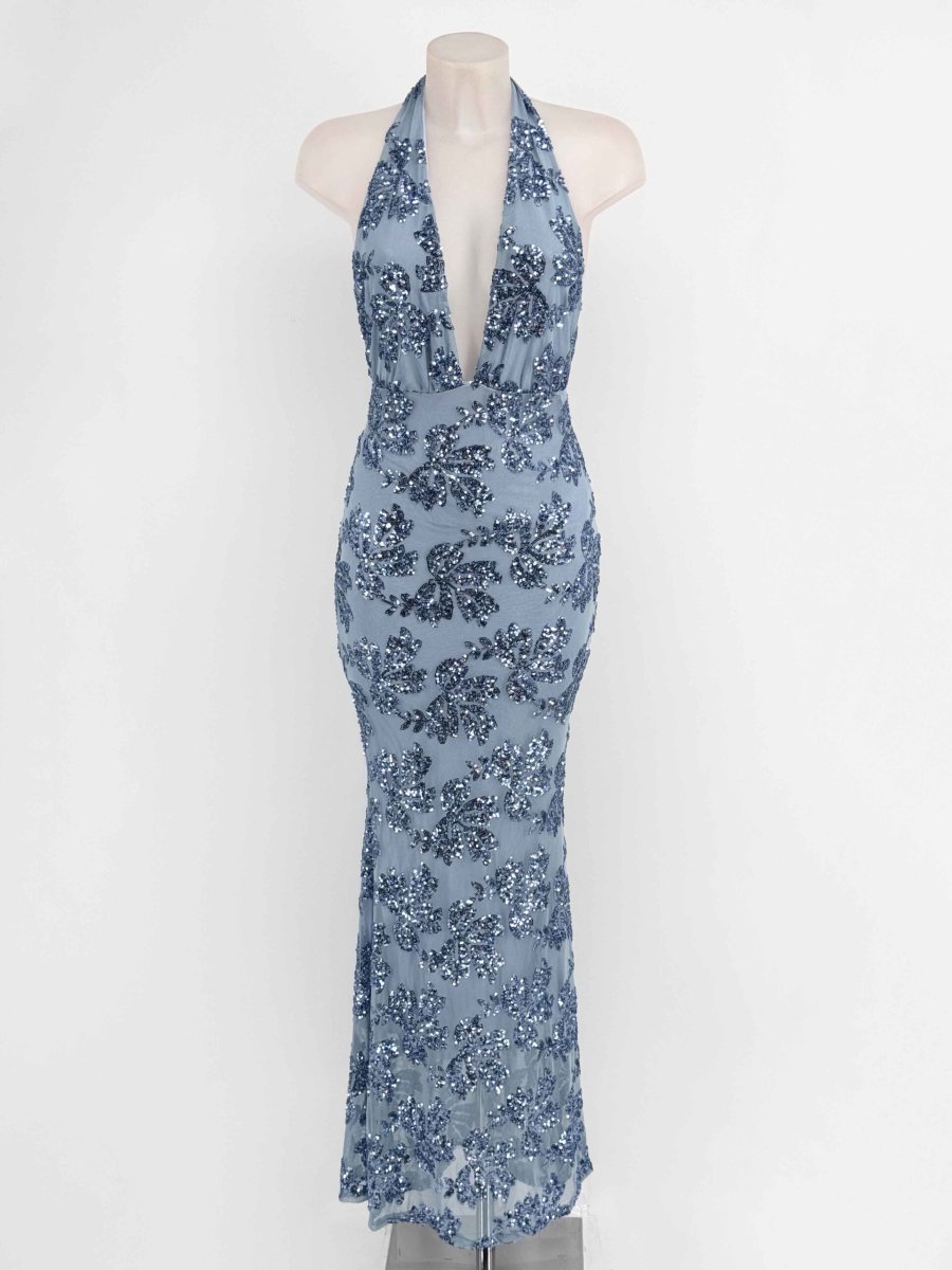 Vestido Lentejuelas Flores Atado Cuello - Imagen 4