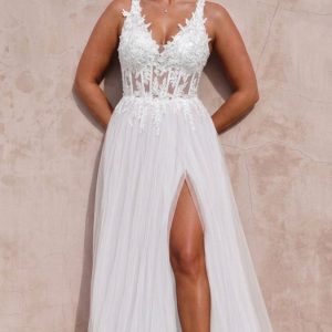Vestido Tul Largo Corsé Abertura Novia